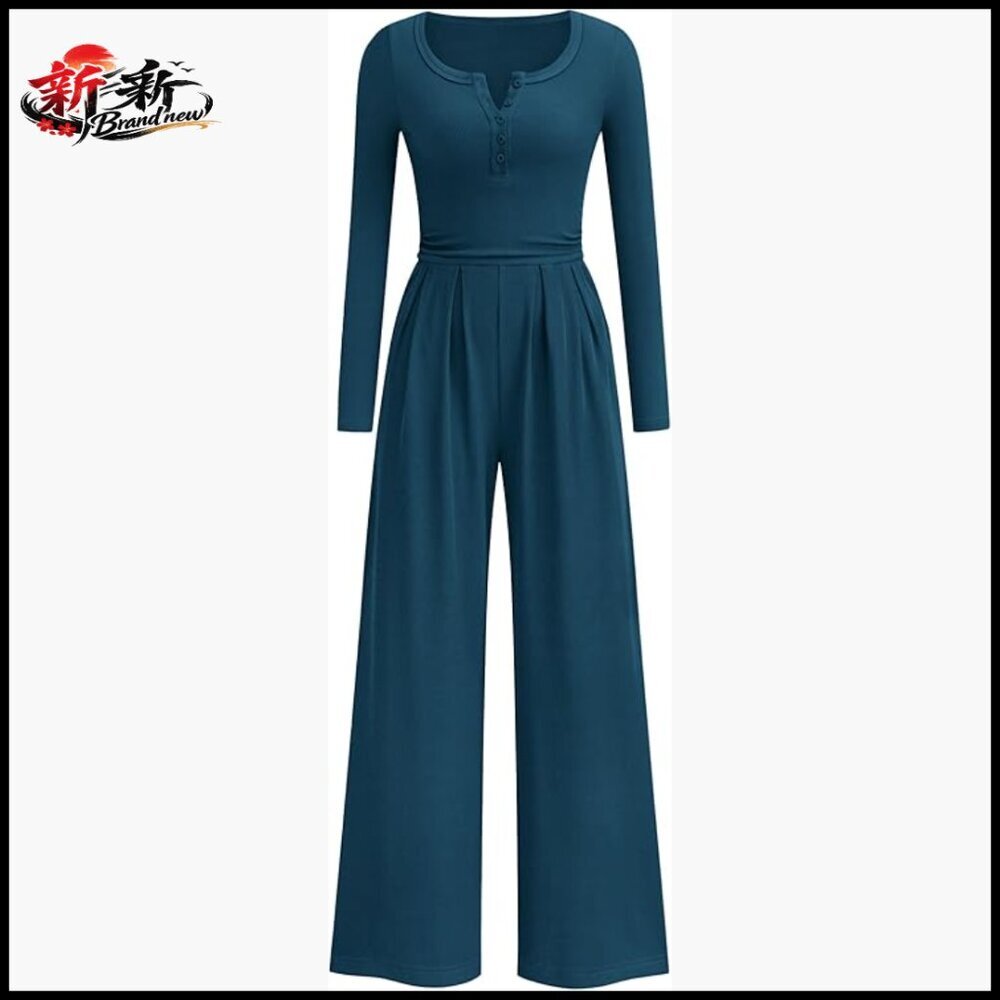 Long Sleeve Wide Leg Jumpsuit with Henley Neck Pull On Closure